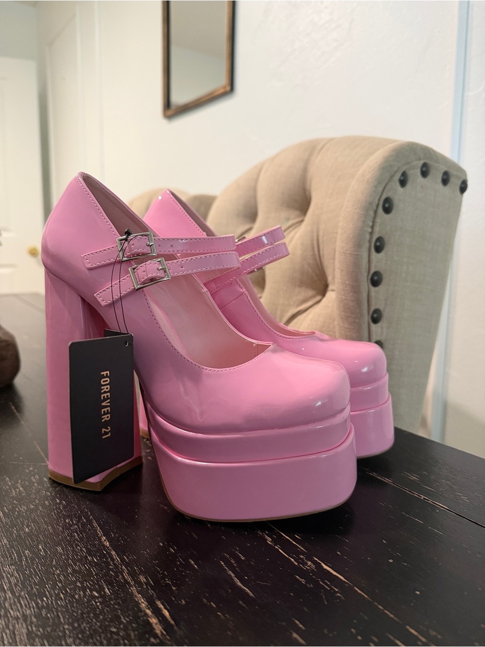 Forever 21 Bubblegum Pink Patent Platform Mary Jane Heels